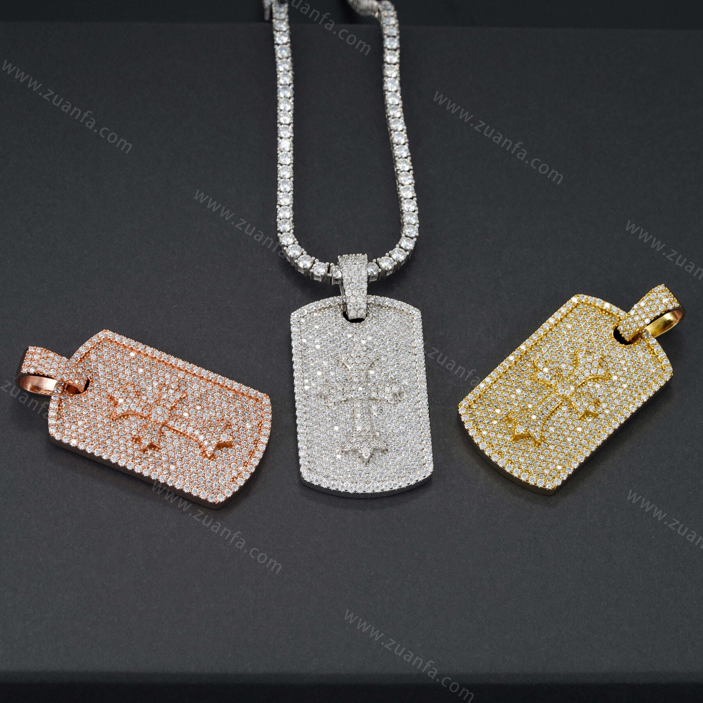 Iced Out Cross Dog Tag Moissanite Pendant 18k Gold