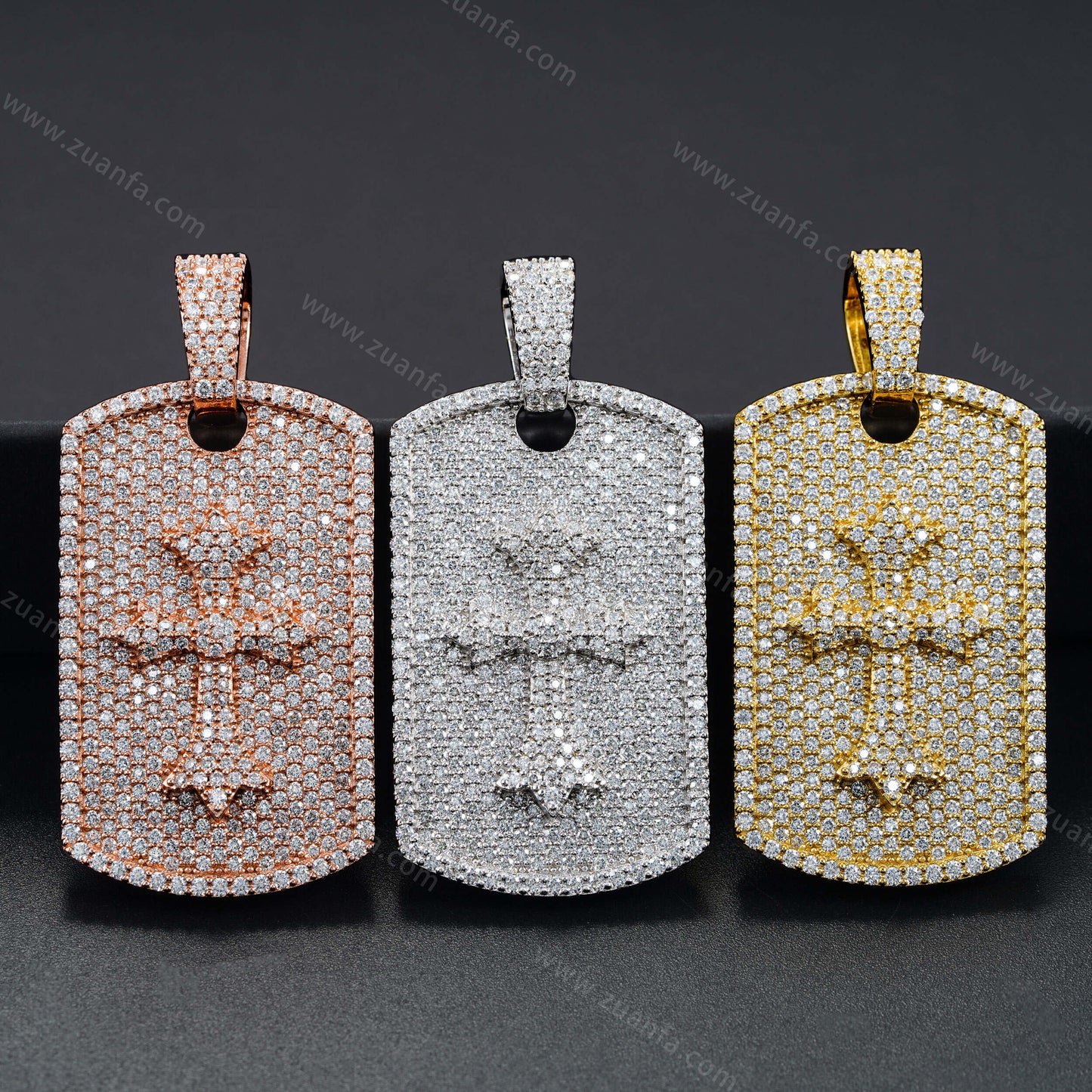Iced Out Cross Dog Tag Moissanite Pendant 18k Gold