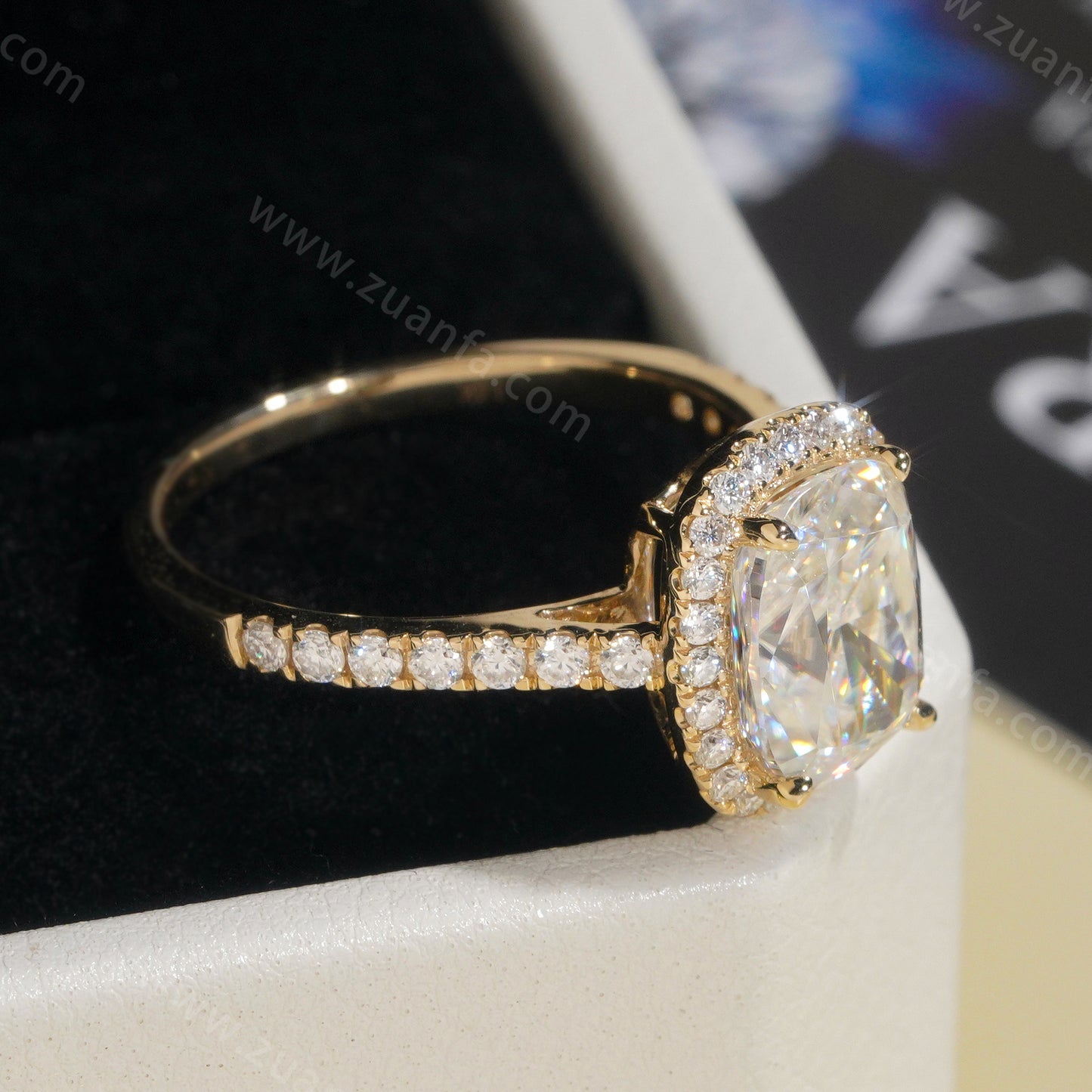 Long Cushion Cut Moissanite Engagement Ring 14k Solid Gold