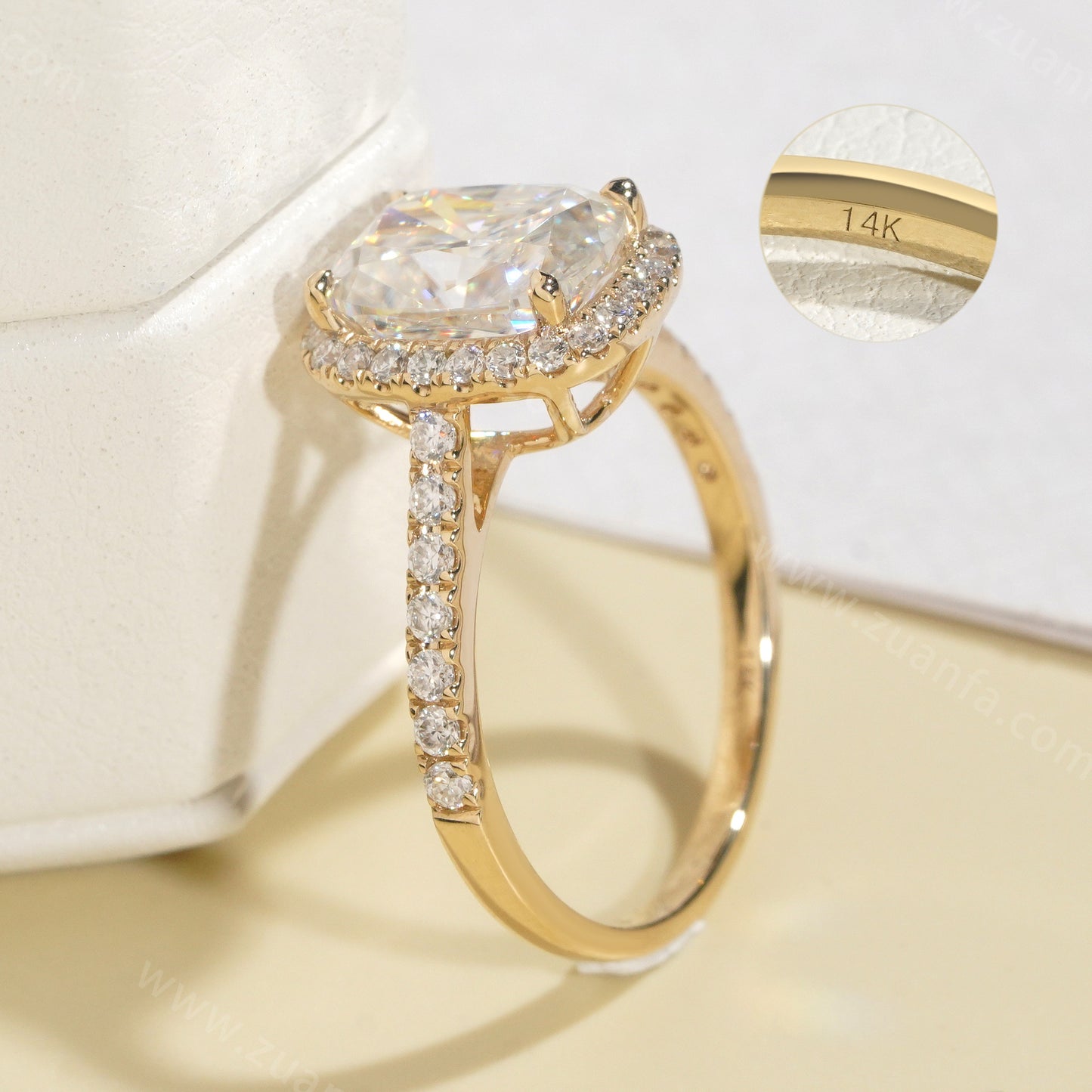 Long Cushion Cut Moissanite Engagement Ring 14k Solid Gold
