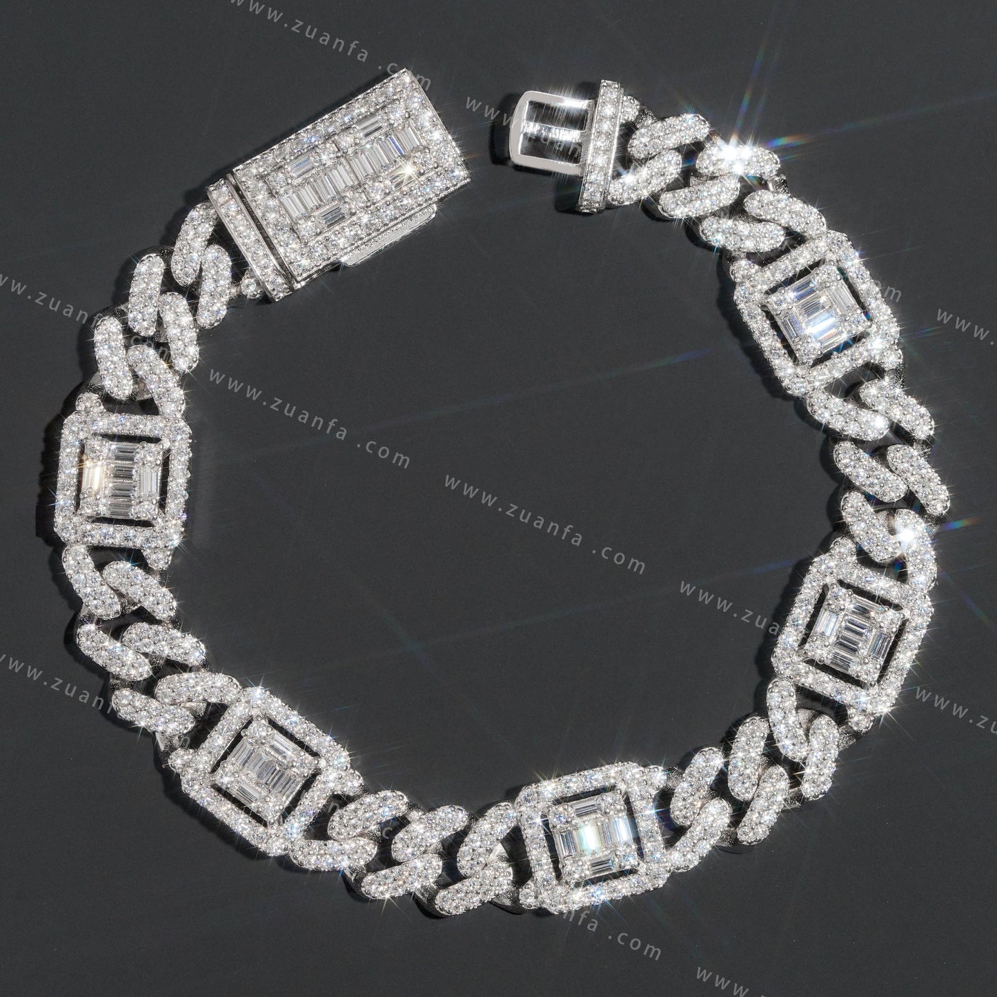 Iced Out Hip Hop 12mm Baguette Moissanite Diamond Cuban Link Bracelet