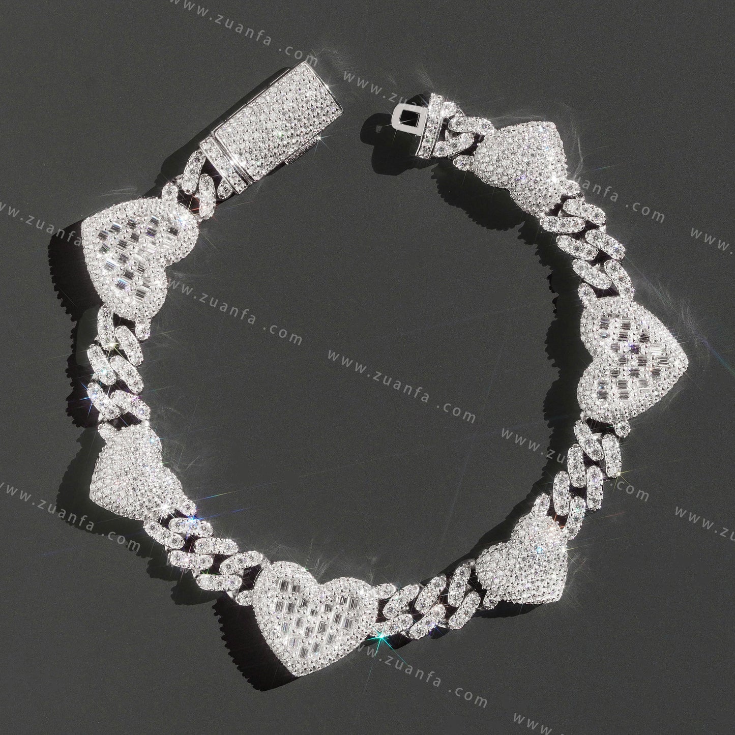Popular Thin 8mm Baguette Heart 925 Silver Moissanite Diamond Cuban Bracelet