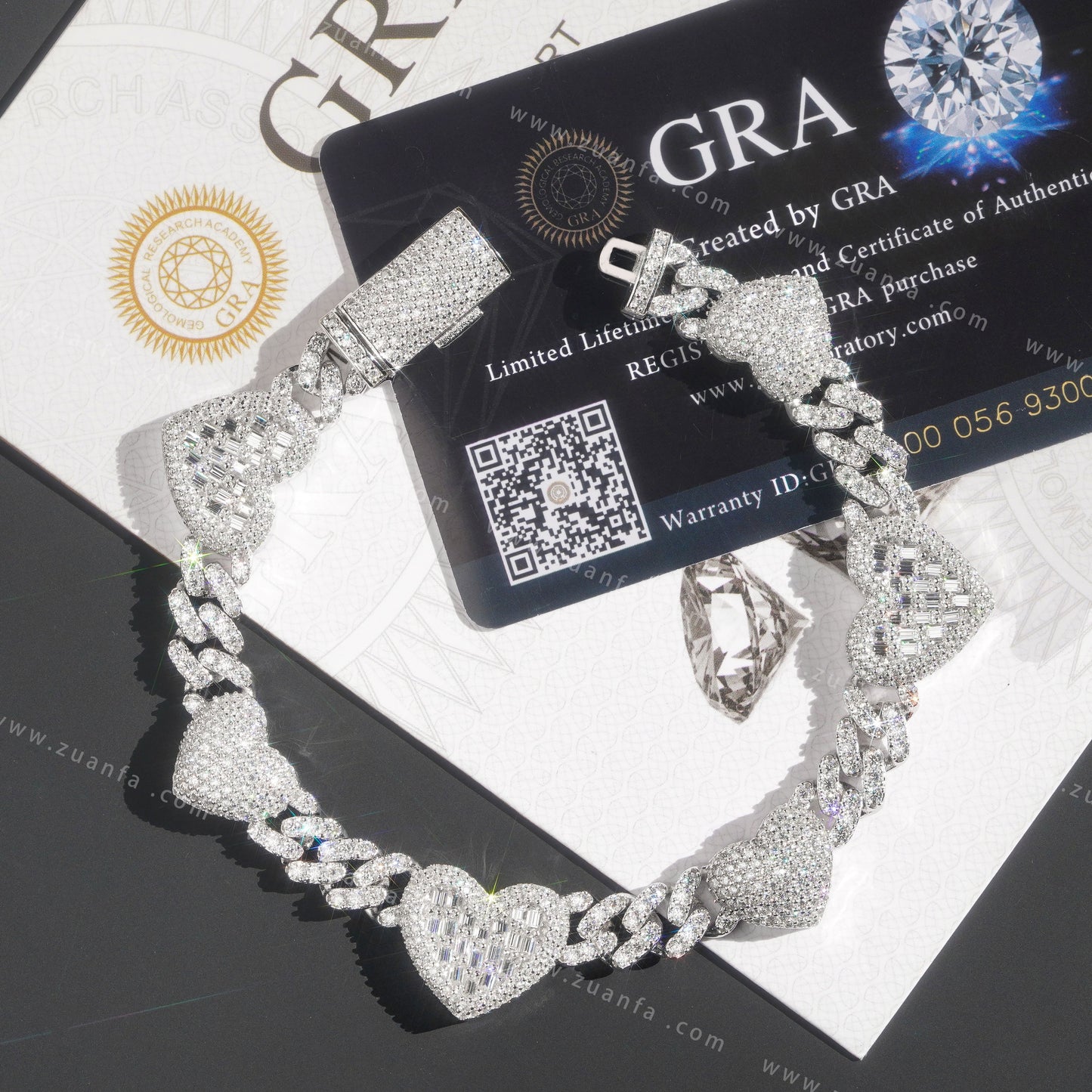 Popular Thin 8mm Baguette Heart 925 Silver Moissanite Diamond Cuban Bracelet