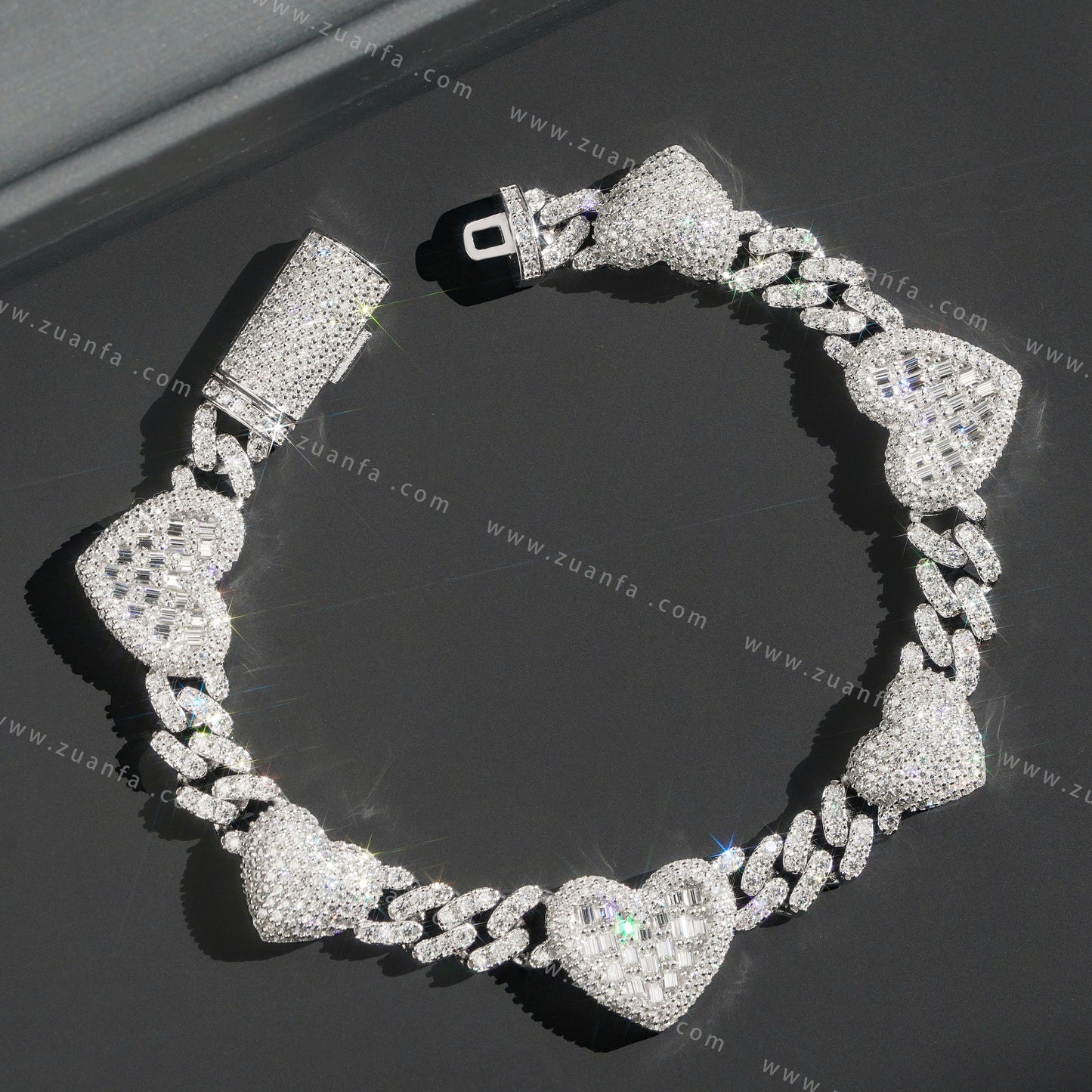 Popular Thin 8mm Baguette Heart 925 Silver Moissanite Diamond Cuban Bracelet