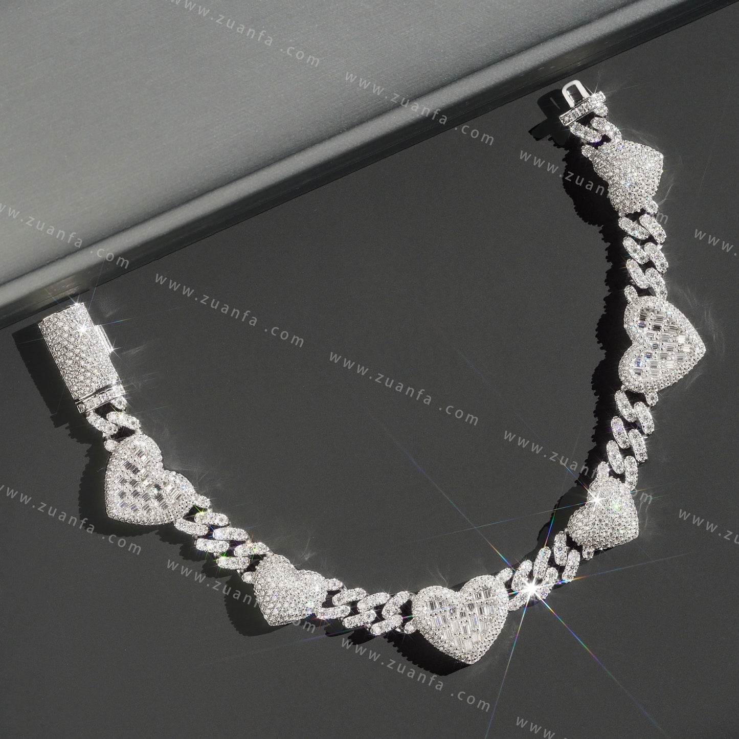 Popular Thin 8mm Baguette Heart 925 Silver Moissanite Diamond Cuban Bracelet